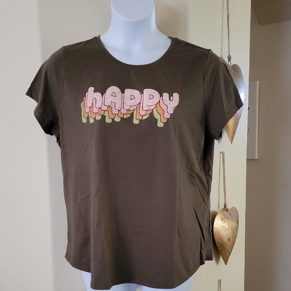 SONOMA Tee with Colorful 'Happy' Design Army Green size XL